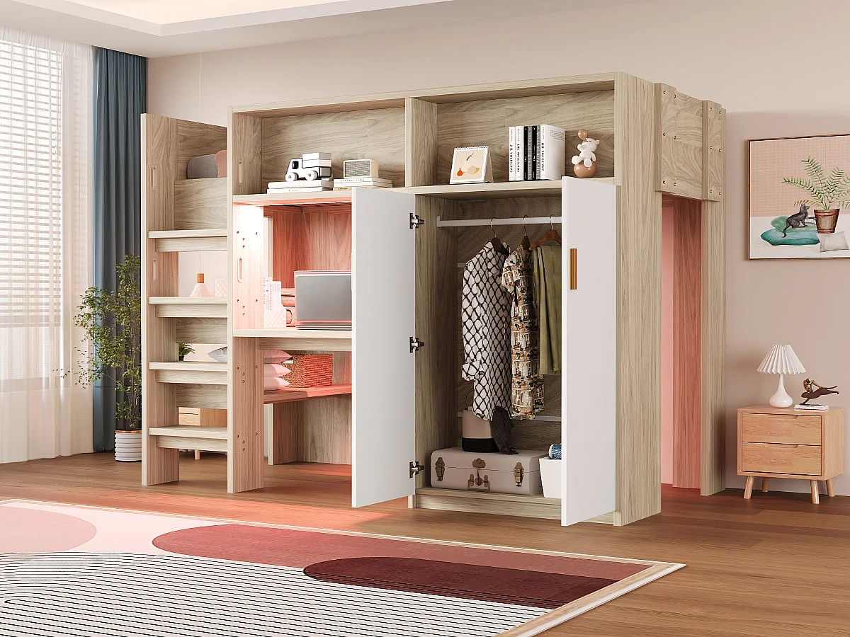 Lit mezzanine enfant - 90 x 200 cm - avec bureau + armoire + rangements + Leds - MDF + aggloméré - naturel