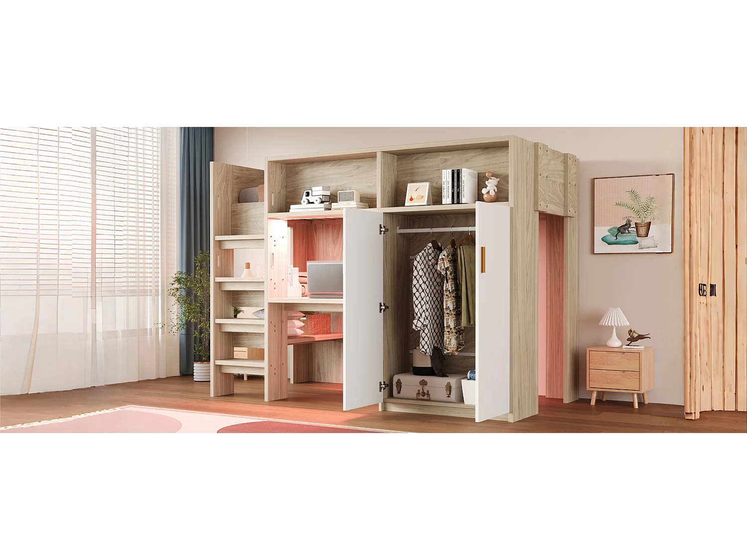 Lit mezzanine enfant - 90 x 200 cm - avec bureau + armoire + rangements + Leds - MDF + aggloméré - naturel