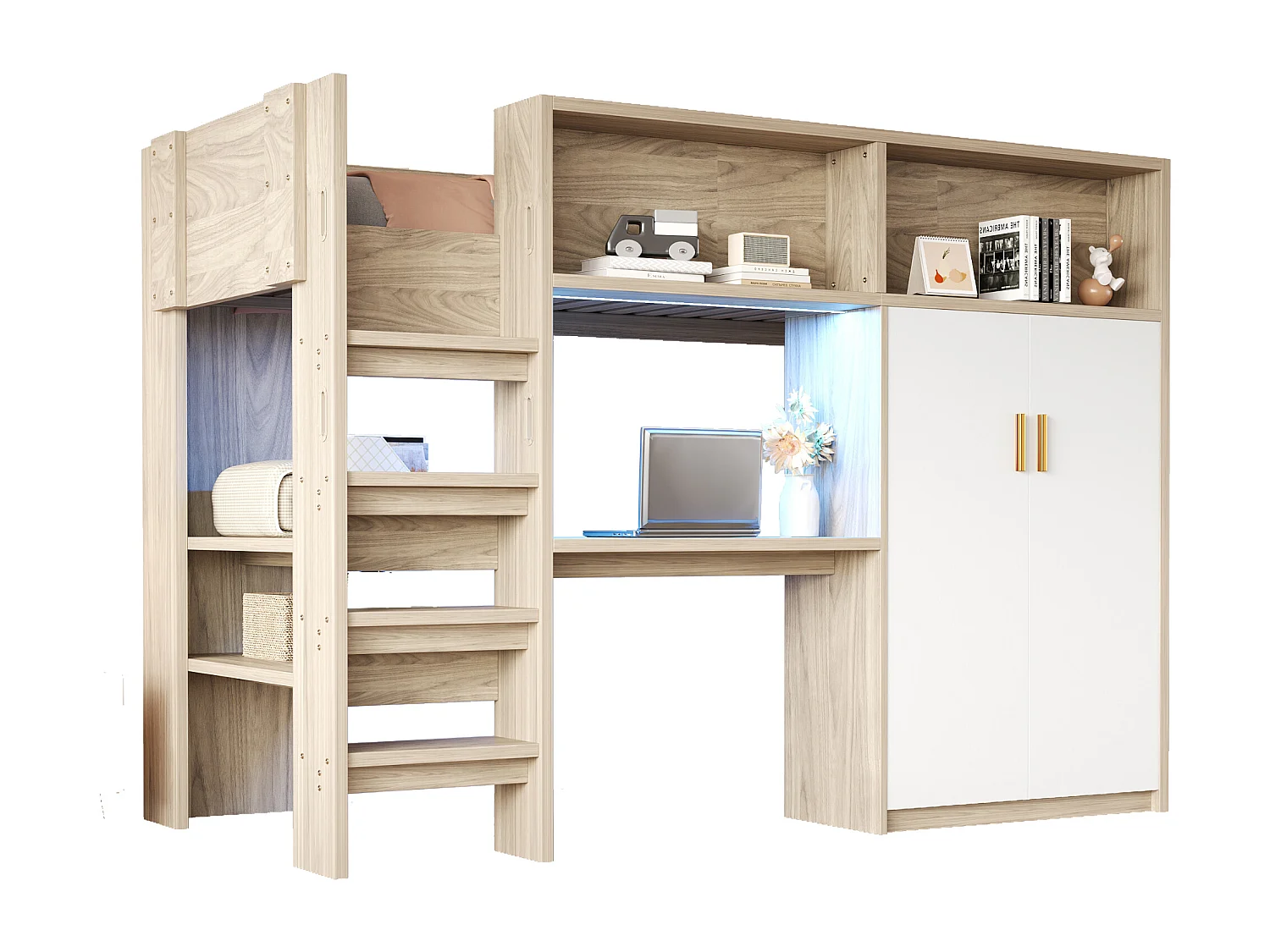 Lit mezzanine enfant - 90 x 200 cm - avec bureau + armoire + rangements + Leds - MDF + aggloméré - naturel