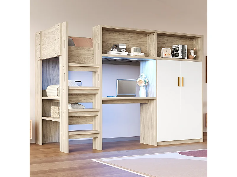 Lit mezzanine enfant - 90 x 200 cm - avec bureau + armoire + rangements + Leds - MDF + aggloméré - naturel