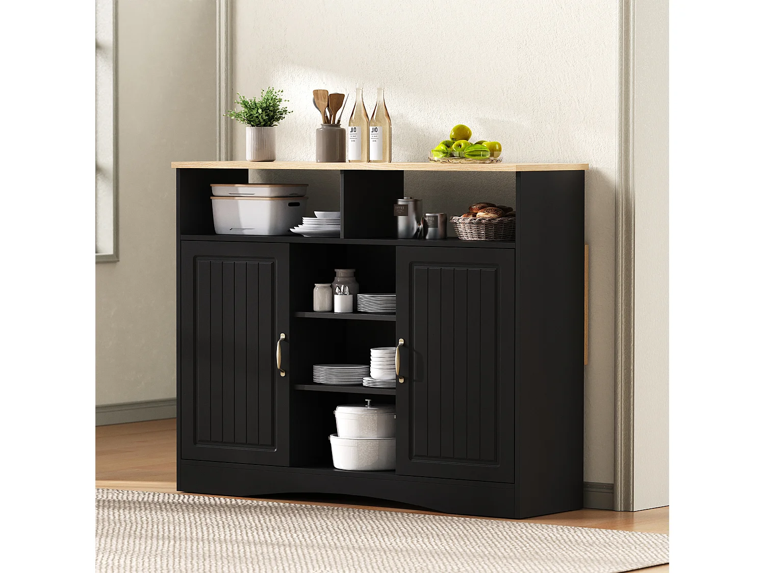 Mobile zentrale Kücheninsel 110x34x97.5cm - ausziehbares Tischblatt und versteckte Esstischstühle - multifunktionaler Stauraum - schwarz