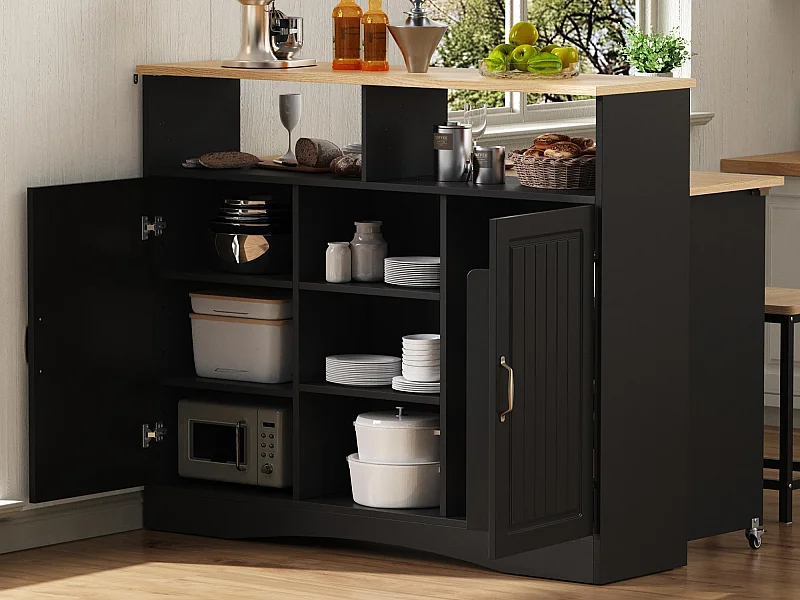 Mobile zentrale Kücheninsel 110x34x97.5cm - ausziehbares Tischblatt und versteckte Esstischstühle - multifunktionaler Stauraum - schwarz