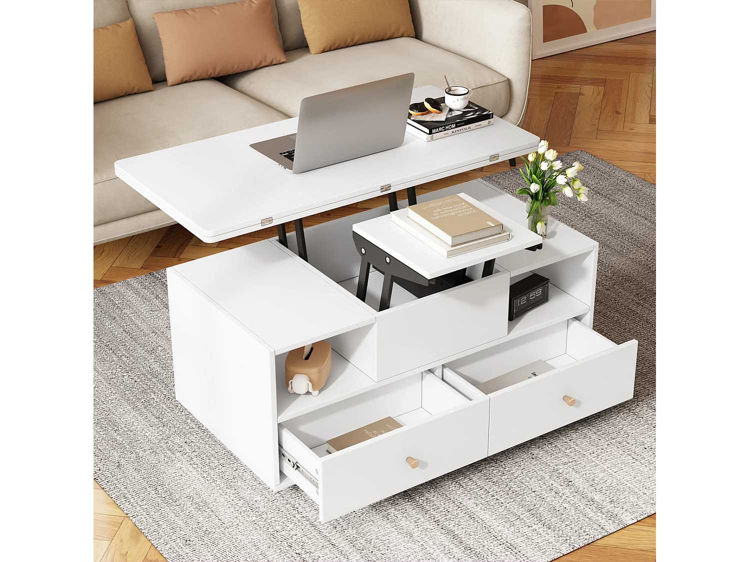 Table basse pliante réglable en hauteur - avec 4 tiroirs - mobile - 100 x 50 x 47,5 cm - blanc