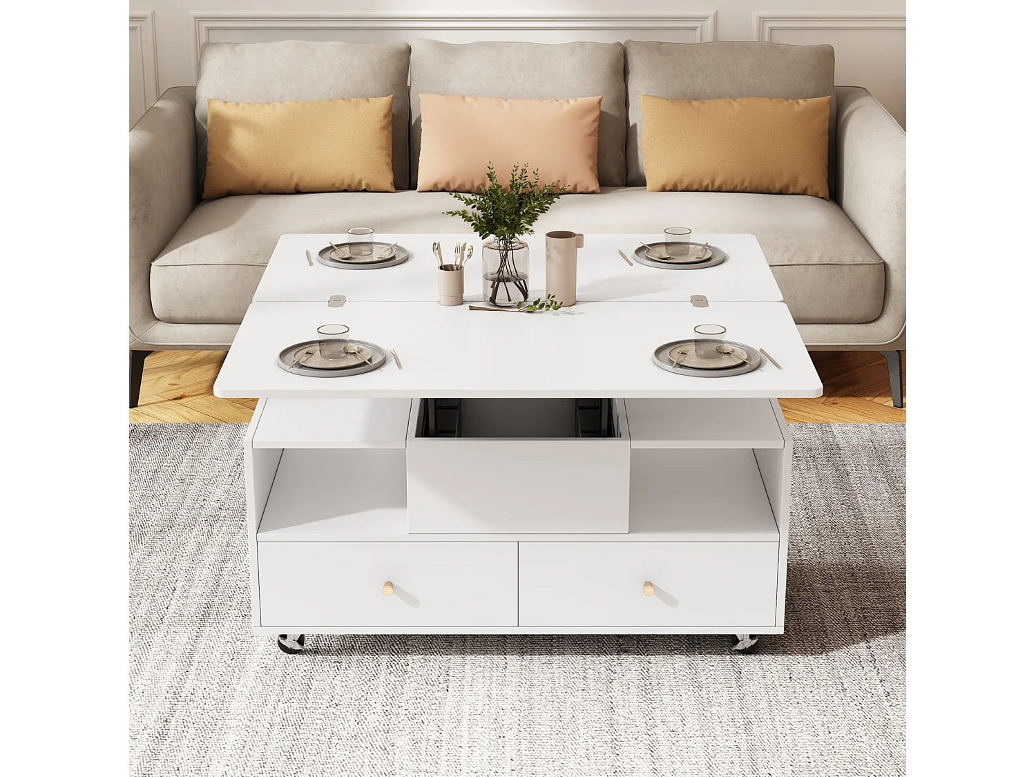 Table basse pliante réglable en hauteur - avec 4 tiroirs - mobile - 100 x 50 x 47,5 cm - blanc