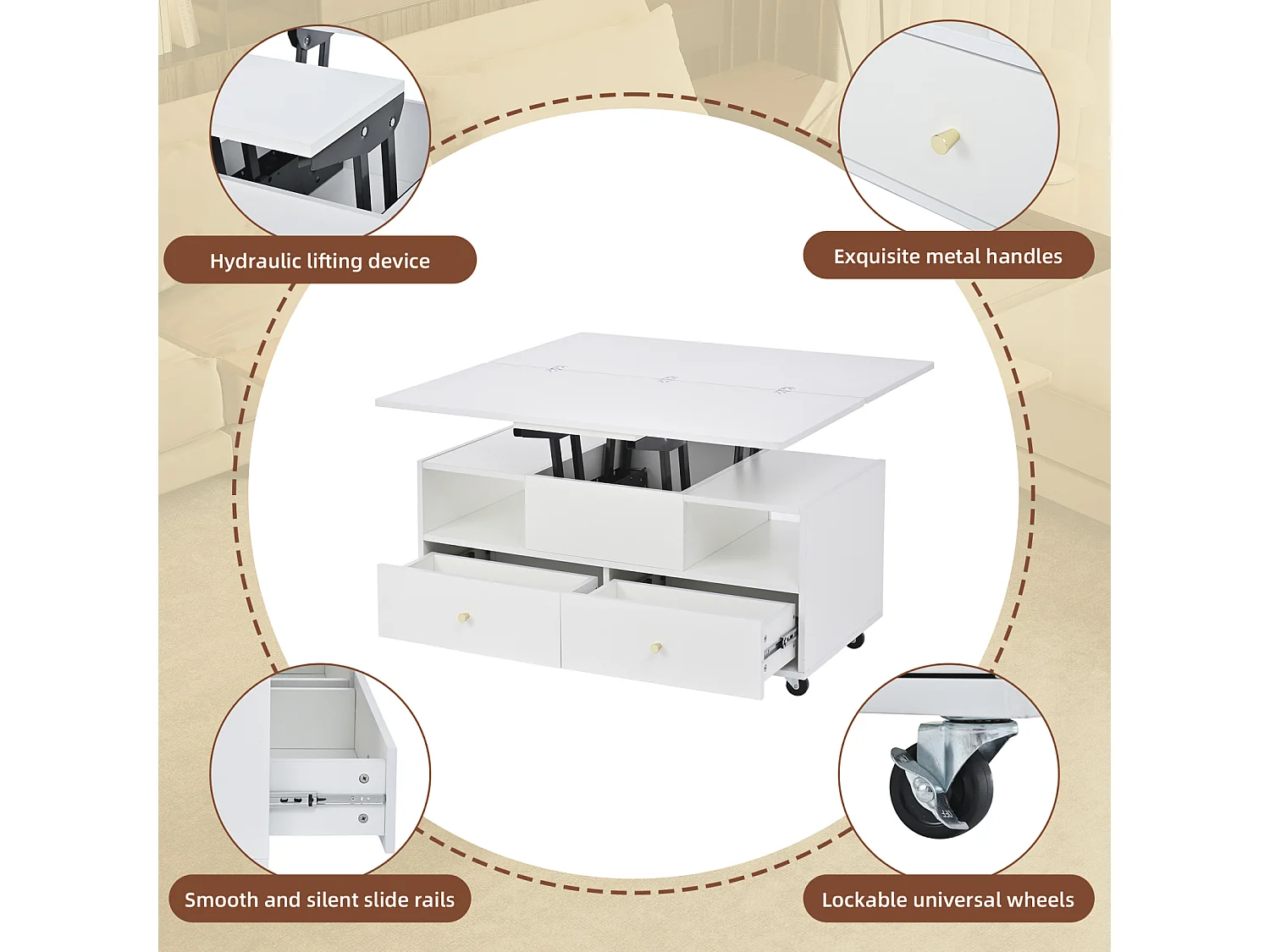 Table basse pliante réglable en hauteur - avec 4 tiroirs - mobile - 100 x 50 x 47,5 cm - blanc