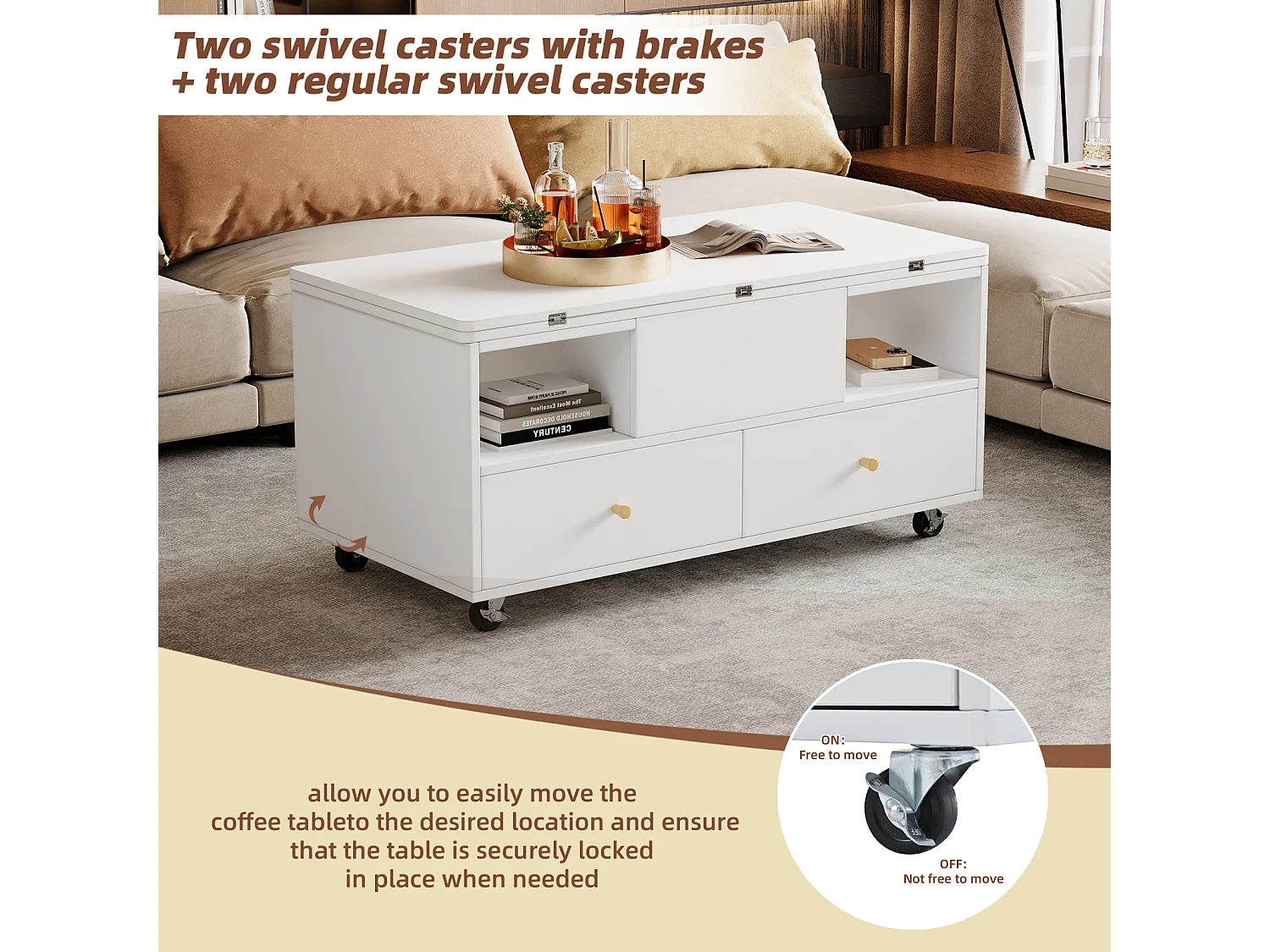 Table basse pliante réglable en hauteur - avec 4 tiroirs - mobile - 100 x 50 x 47,5 cm - blanc