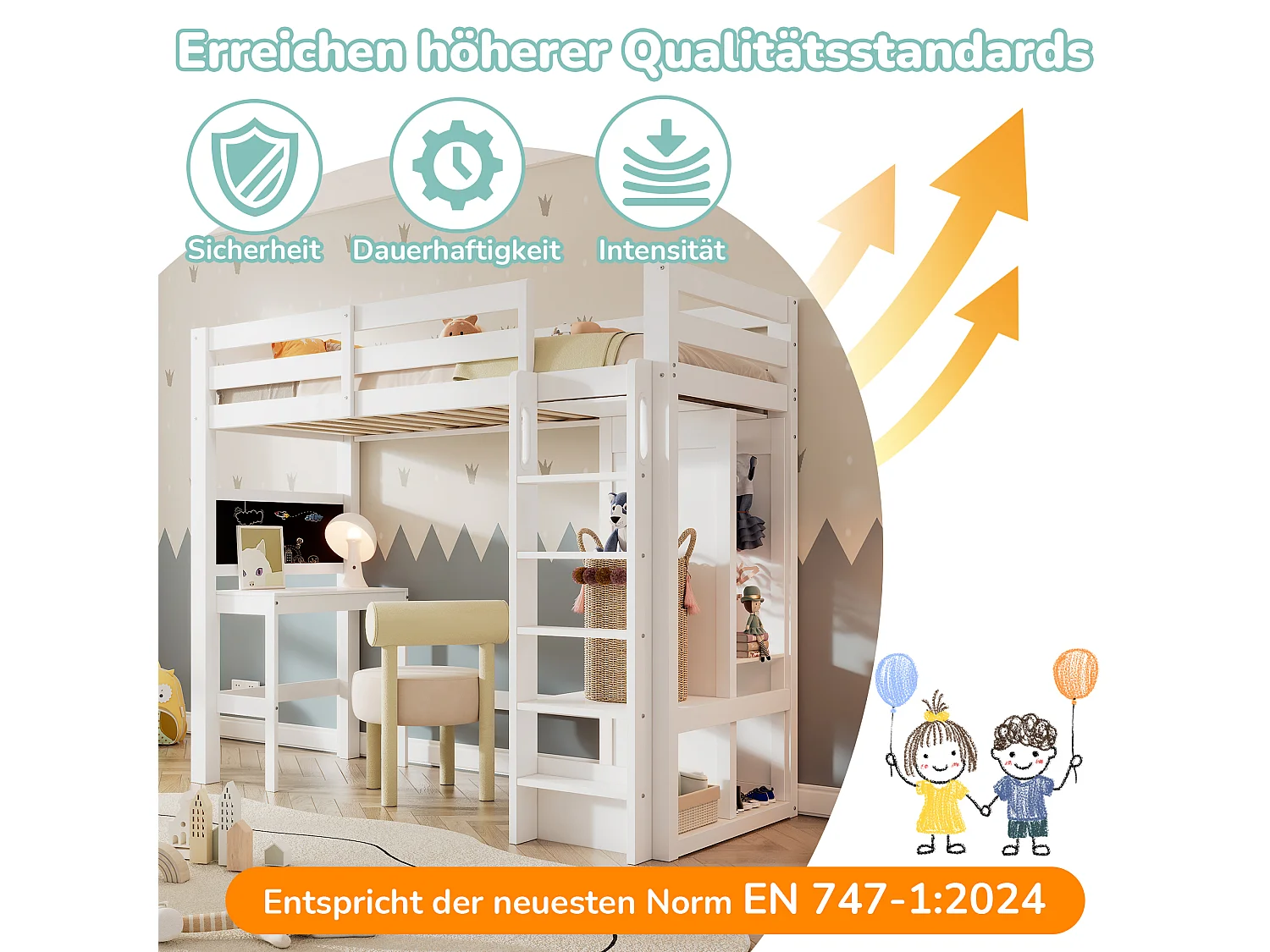 Lit mezzanine pour enfant - 90 x 200 cm - avec bureau + armoire + étagères - Bois de pin et MDF - Blanc