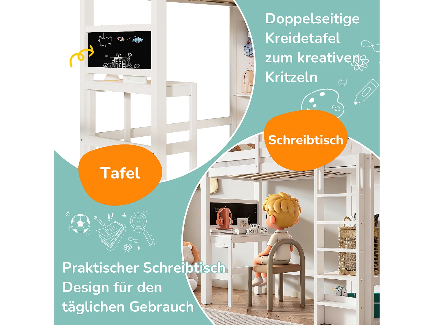 Lit mezzanine pour enfant - 90 x 200 cm - avec bureau + armoire + étagères - Bois de pin et MDF - Blanc