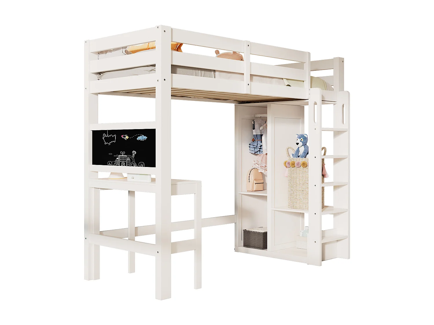 Lit mezzanine pour enfant - 90 x 200 cm - avec bureau + armoire + étagères - Bois de pin et MDF - Blanc