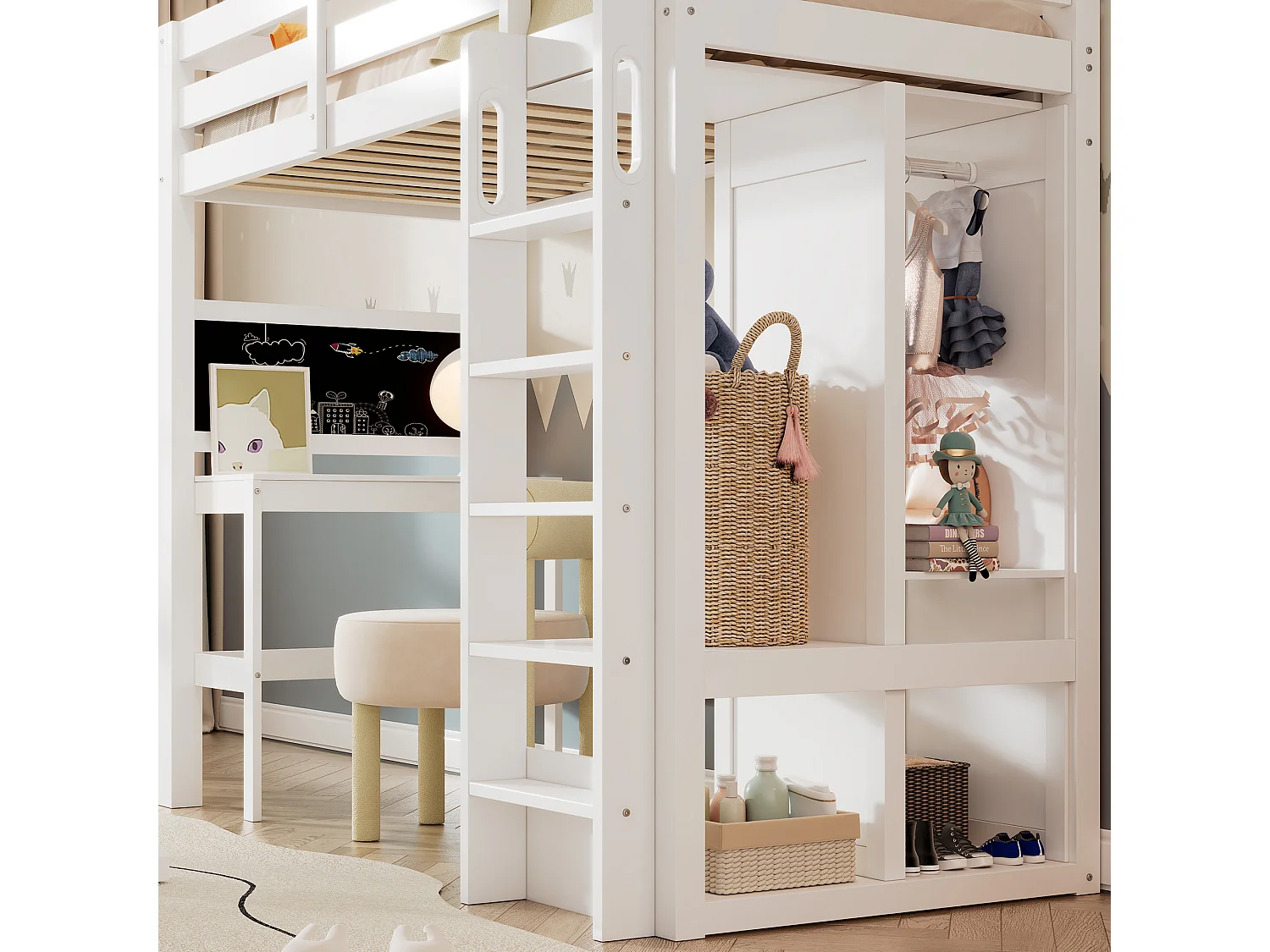 Lit mezzanine pour enfant - 90 x 200 cm - avec bureau + armoire + étagères - Bois de pin et MDF - Blanc