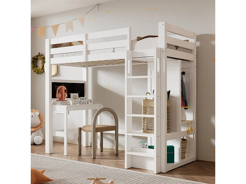 Lit mezzanine pour enfant - 90 x 200 cm - avec bureau + armoire + étagères - Bois de pin et MDF - Blanc