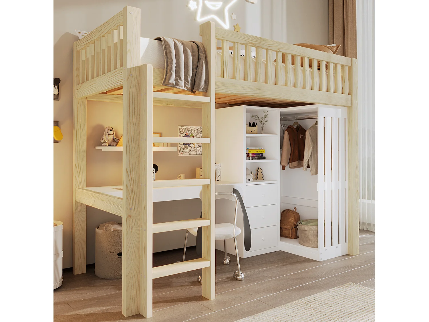 Lit mezzanine pour enfant - 90 x 200 cm - avec bureau + armoire + 3 tiroirs + rangements ouverts - bois - naturel