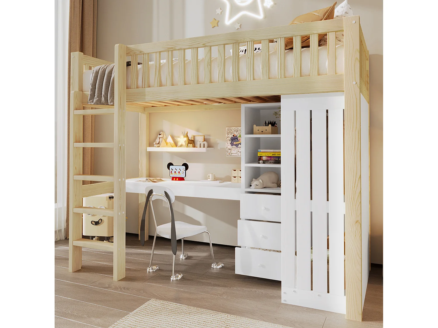 Lit mezzanine pour enfant - 90 x 200 cm - avec bureau + armoire + 3 tiroirs + rangements ouverts - bois - naturel