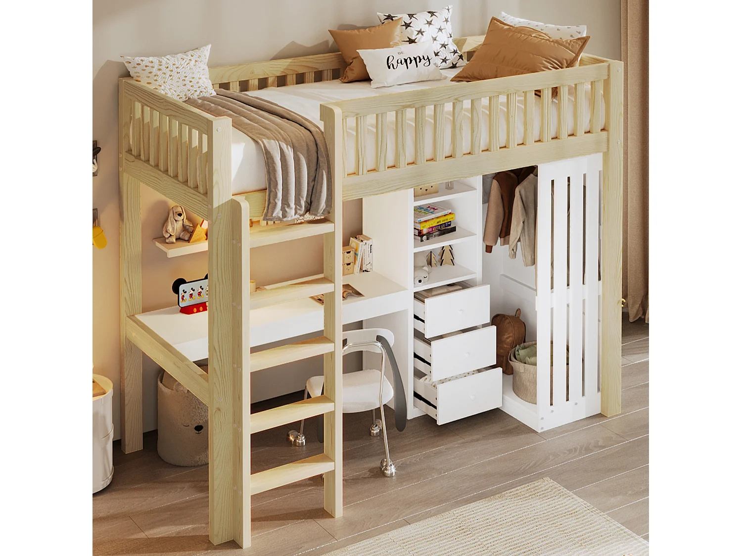 Lit mezzanine pour enfant - 90 x 200 cm - avec bureau + armoire + 3 tiroirs + rangements ouverts - bois - naturel