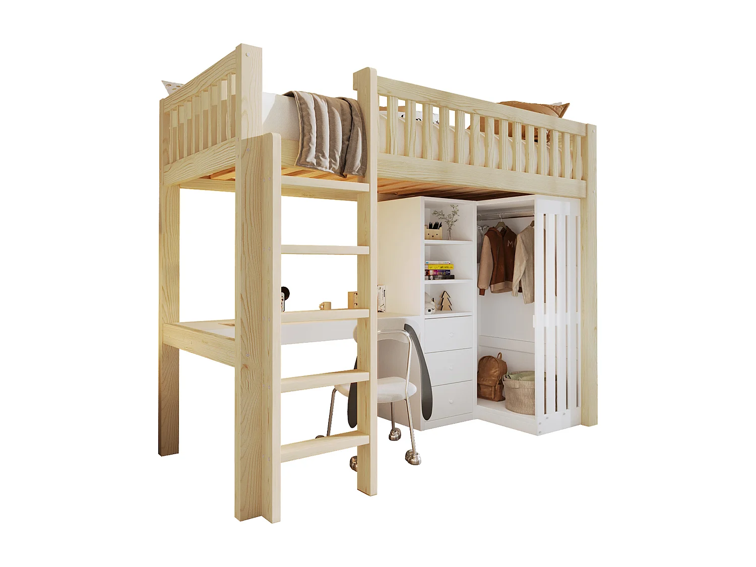 Lit mezzanine pour enfant - 90 x 200 cm - avec bureau + armoire + 3 tiroirs + rangements ouverts - bois - naturel