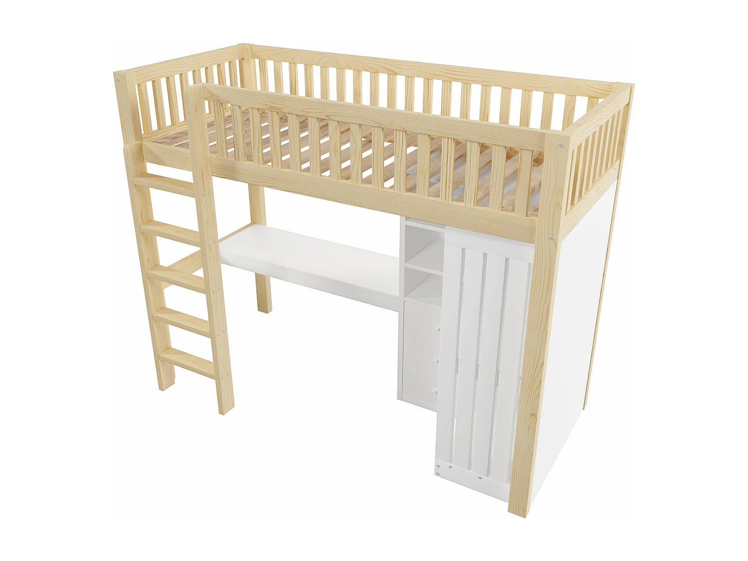 Lit mezzanine pour enfant - 90 x 200 cm - avec bureau + armoire + 3 tiroirs + rangements ouverts - bois - naturel
