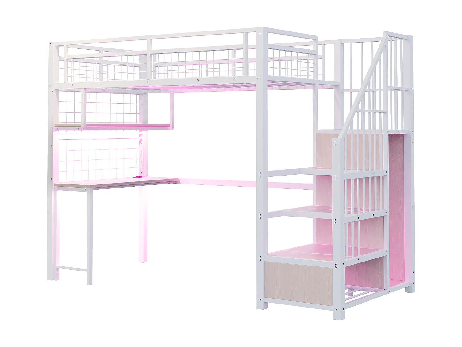 Lit mezzanine 90 x 200 cm avec prise, penderie , étagères et bureau - Lit en métal et bois - Blanc et naturel clair