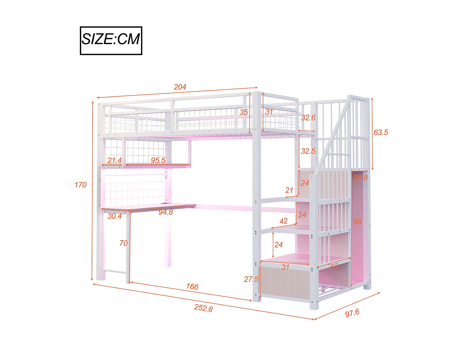 Lit mezzanine 90 x 200 cm avec prise, penderie , étagères et bureau - Lit en métal et bois - Blanc et naturel clair