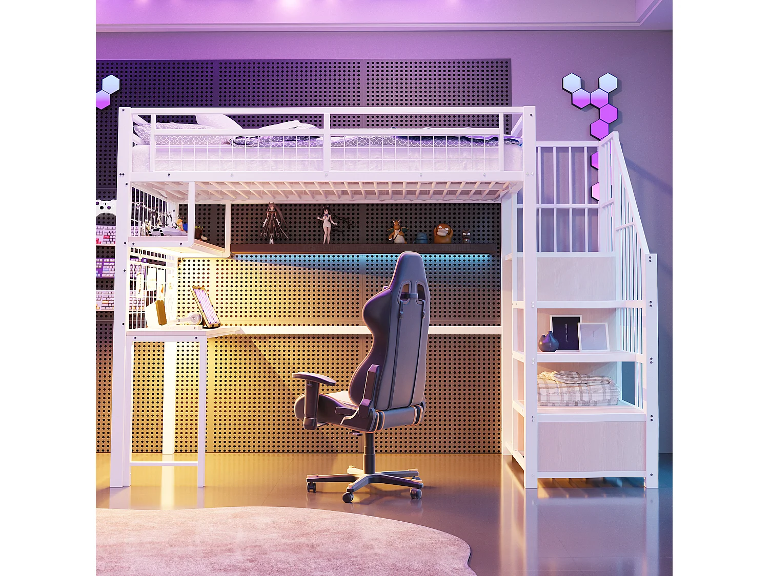 Lit mezzanine 90 x 200 cm avec prise, penderie , étagères et bureau - Lit en métal et bois - Blanc et naturel clair