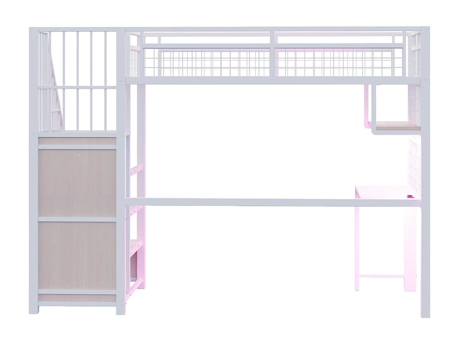Lit mezzanine 90 x 200 cm avec prise, penderie , étagères et bureau - Lit en métal et bois - Blanc et naturel clair