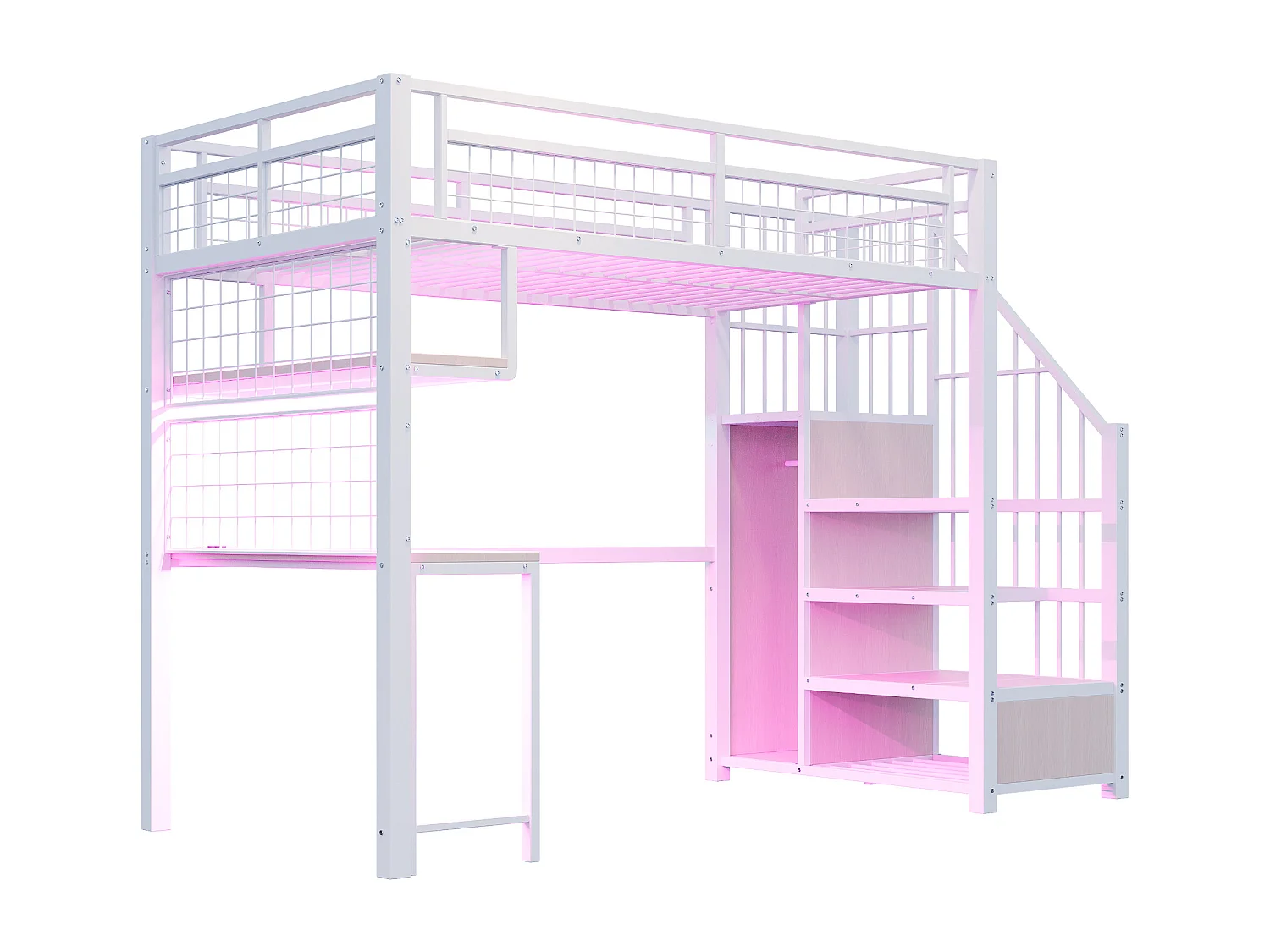 Lit mezzanine 90 x 200 cm avec prise, penderie , étagères et bureau - Lit en métal et bois - Blanc et naturel clair