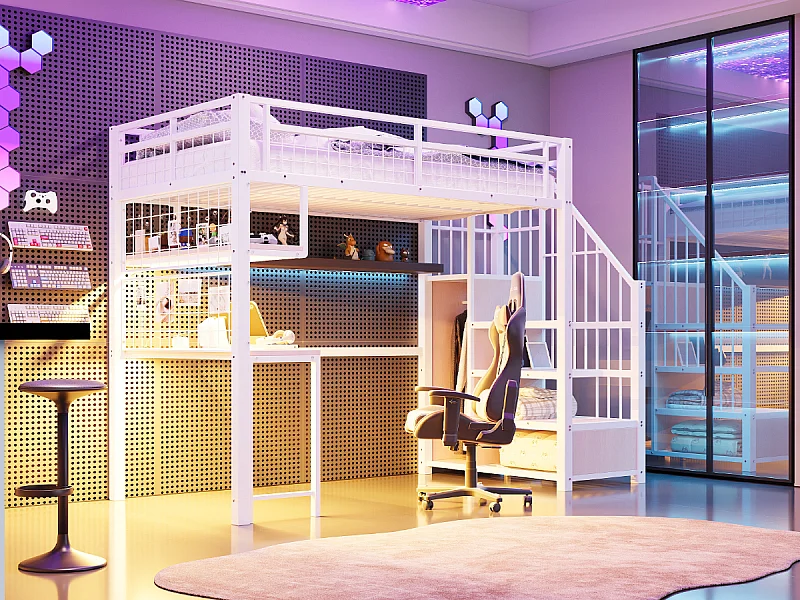 Lit mezzanine 90 x 200 cm avec prise, penderie , étagères et bureau - Lit en métal et bois - Blanc et naturel clair