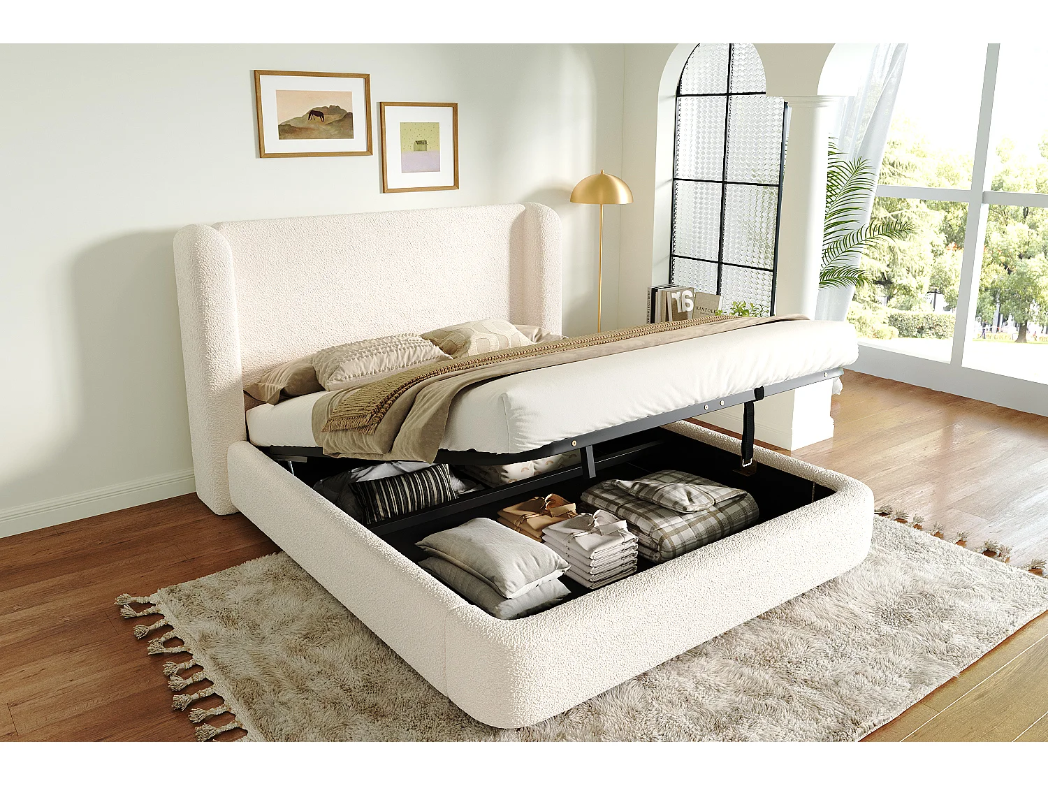 Letto contenitore 160 x 200 cm in tessuto bouclé beige - Letto matrimoniale per adulti con testiera imbottita
