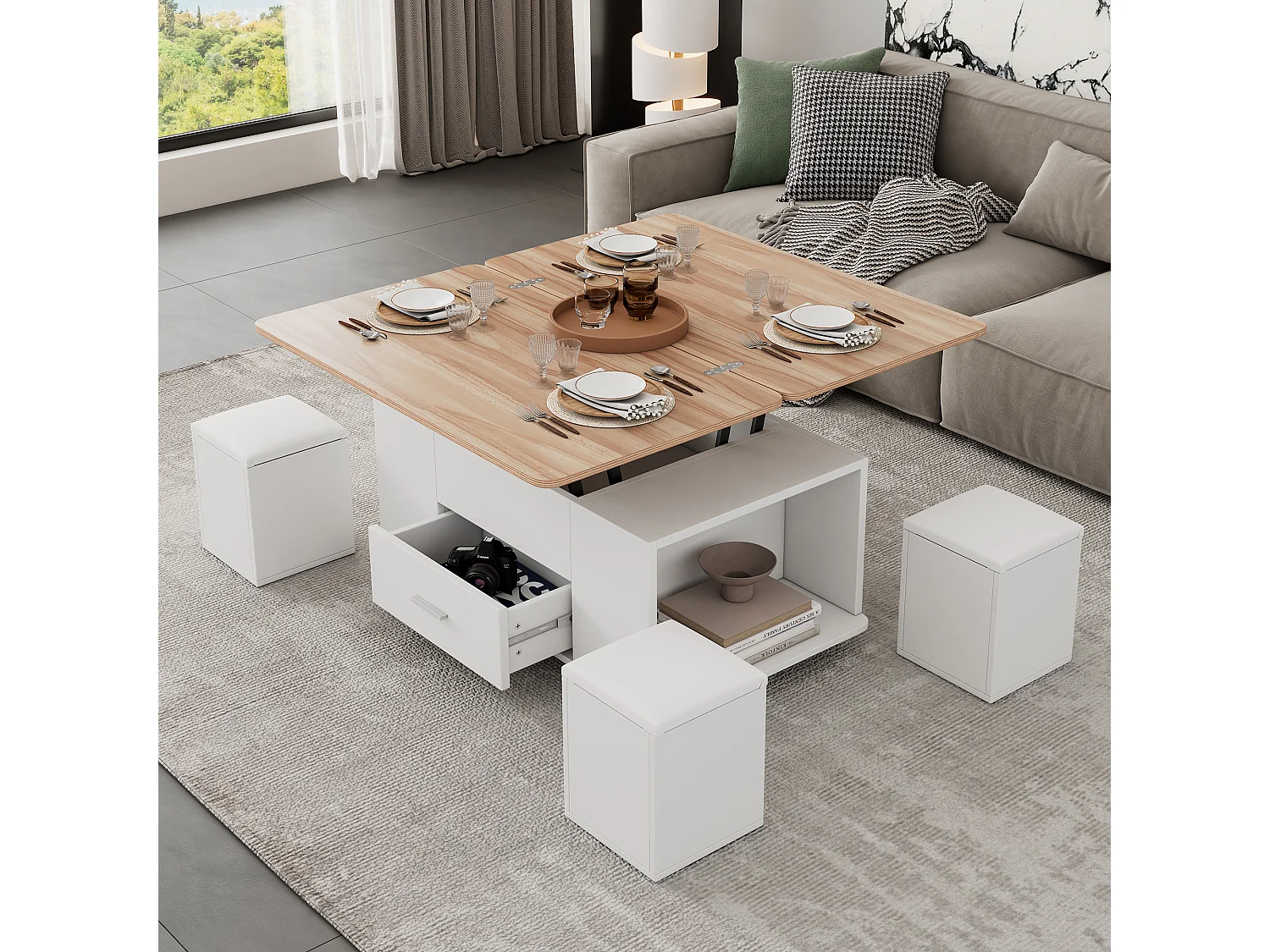 Höhenverstellbarer mobiler Couchtisch 100x50x45cm - Mit 1 Schublade - 4 Hocker mit Stauraum - Weiß+natur