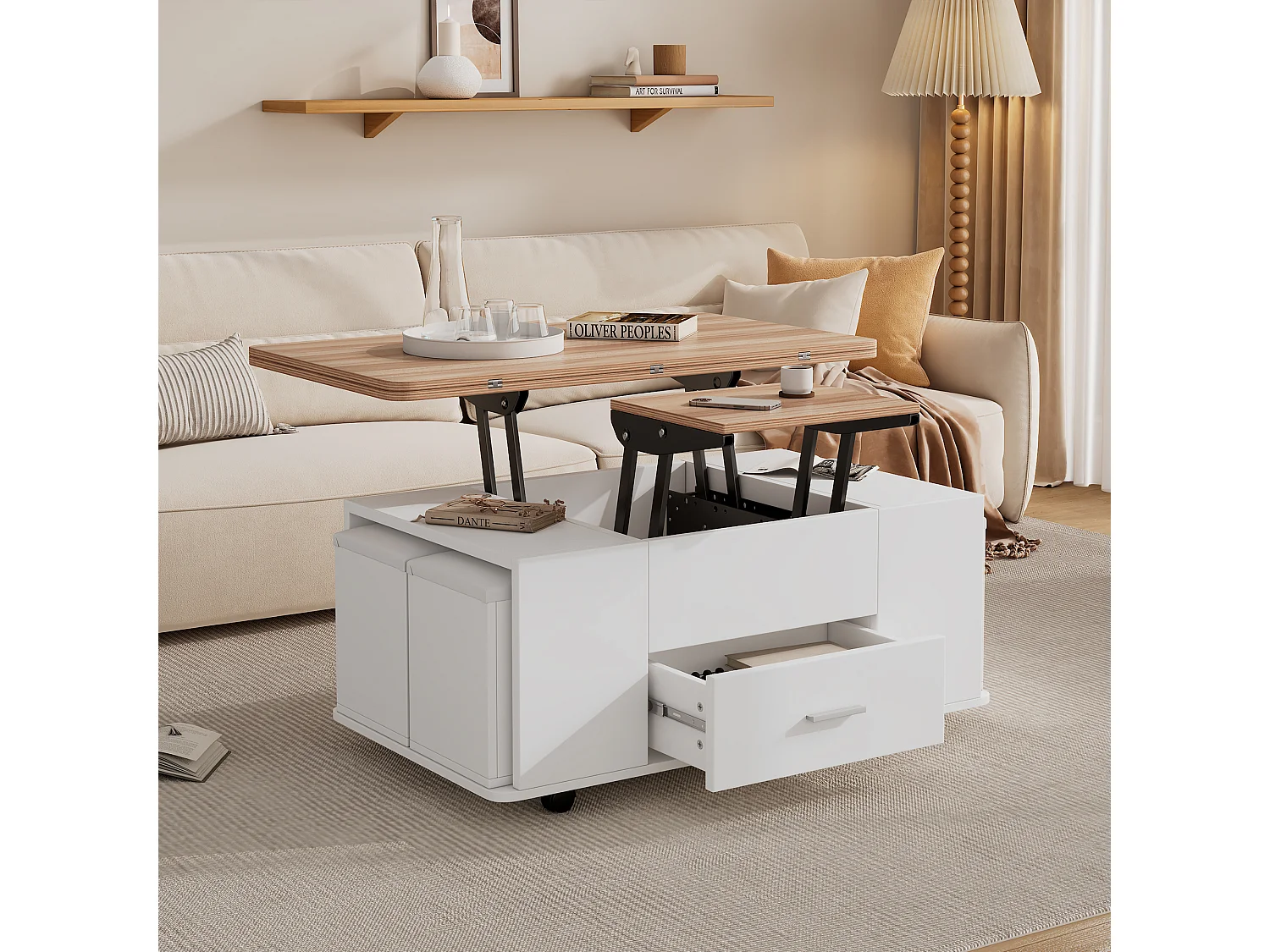 Höhenverstellbarer mobiler Couchtisch 100x50x45cm - Mit 1 Schublade - 4 Hocker mit Stauraum - Weiß+natur