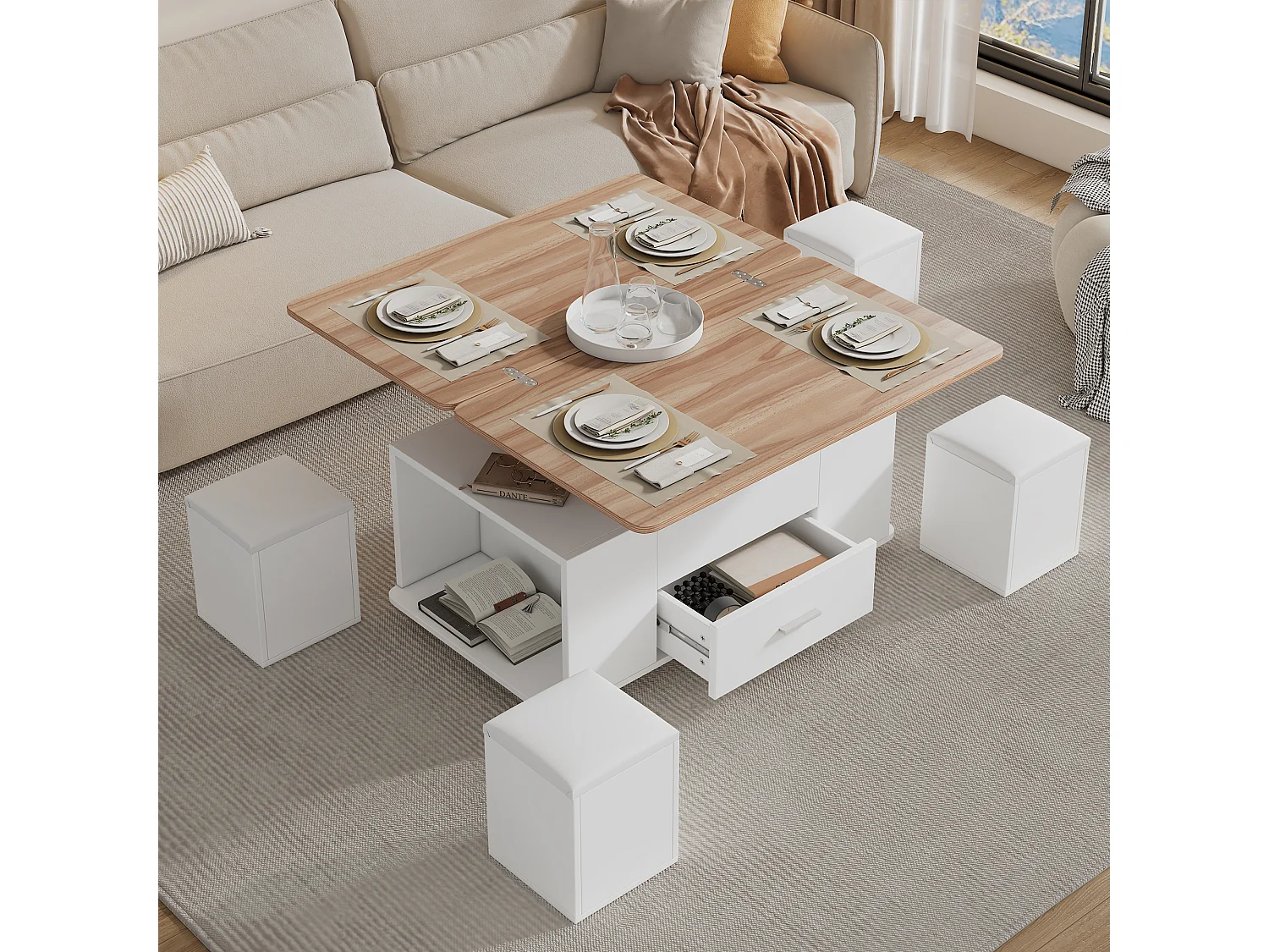 Höhenverstellbarer mobiler Couchtisch 100x50x45cm - Mit 1 Schublade - 4 Hocker mit Stauraum - Weiß+natur