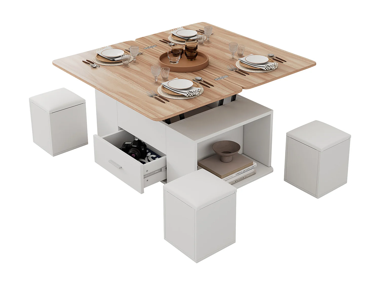 Höhenverstellbarer mobiler Couchtisch 100x50x45cm - Mit 1 Schublade - 4 Hocker mit Stauraum - Weiß+natur