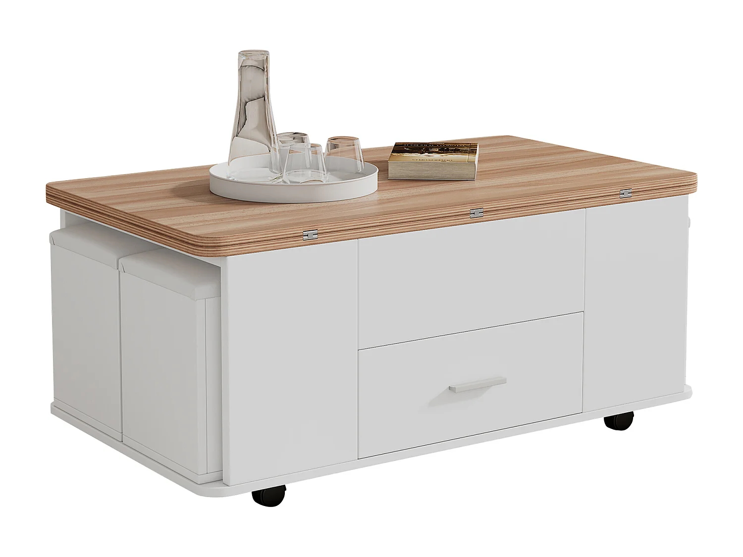 Höhenverstellbarer mobiler Couchtisch 100x50x45cm - Mit 1 Schublade - 4 Hocker mit Stauraum - Weiß+natur