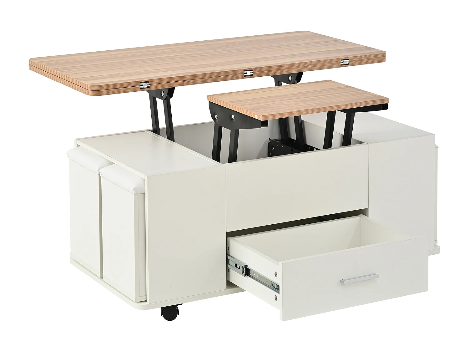 Höhenverstellbarer mobiler Couchtisch 100x50x45cm - Mit 1 Schublade - 4 Hocker mit Stauraum - Weiß+natur