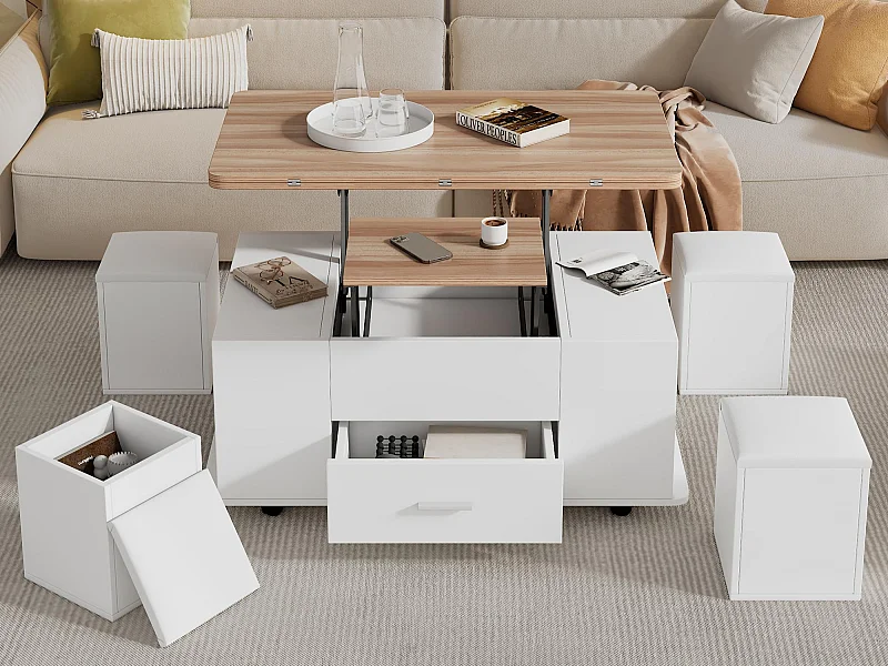 Höhenverstellbarer mobiler Couchtisch 100x50x45cm - Mit 1 Schublade - 4 Hocker mit Stauraum - Weiß+natur
