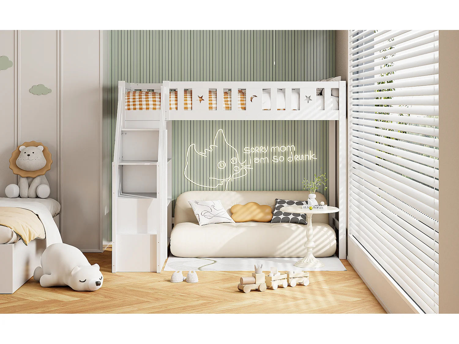 Letto a soppalco per bambini 90x200cm con scaletta contenitore e ripiani - Letto singolo in legno - Bianco