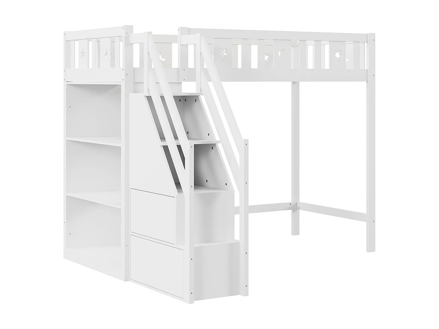 Letto a soppalco per bambini 90x200cm con scaletta contenitore e ripiani - Letto singolo in legno - Bianco