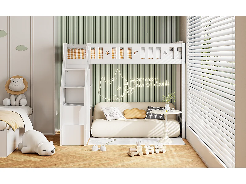 Letto a soppalco per bambini 90x200cm con scaletta contenitore e ripiani - Letto singolo in legno - Bianco