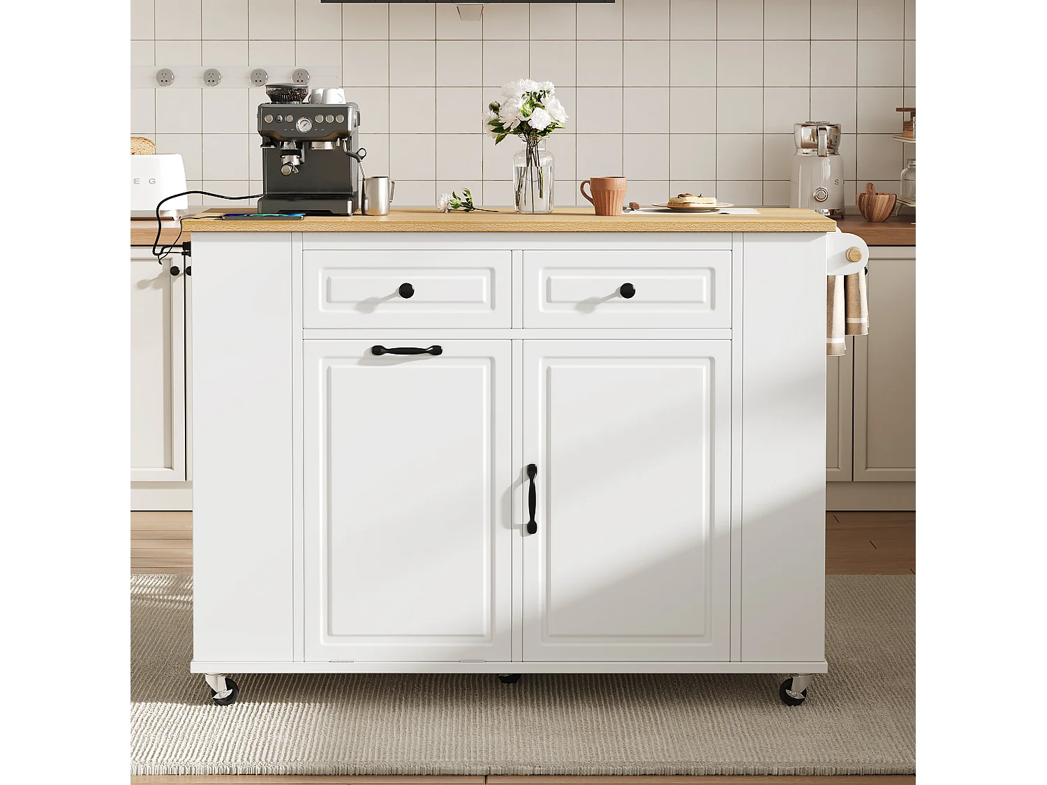 Mobile zentrale Kücheninsel 120x40x91,5cm - ausziehbares Tischblatt - mit Steckdose - multifunktionaler Stauraum - weiß