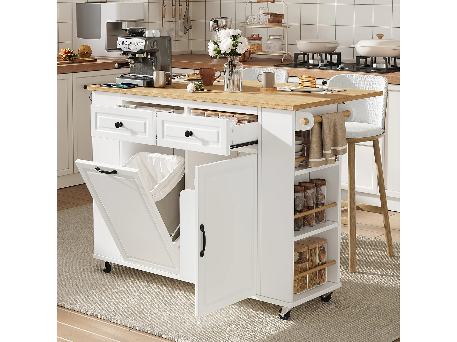 Mobile zentrale Kücheninsel 120x40x91,5cm - ausziehbares Tischblatt - mit Steckdose - multifunktionaler Stauraum - weiß