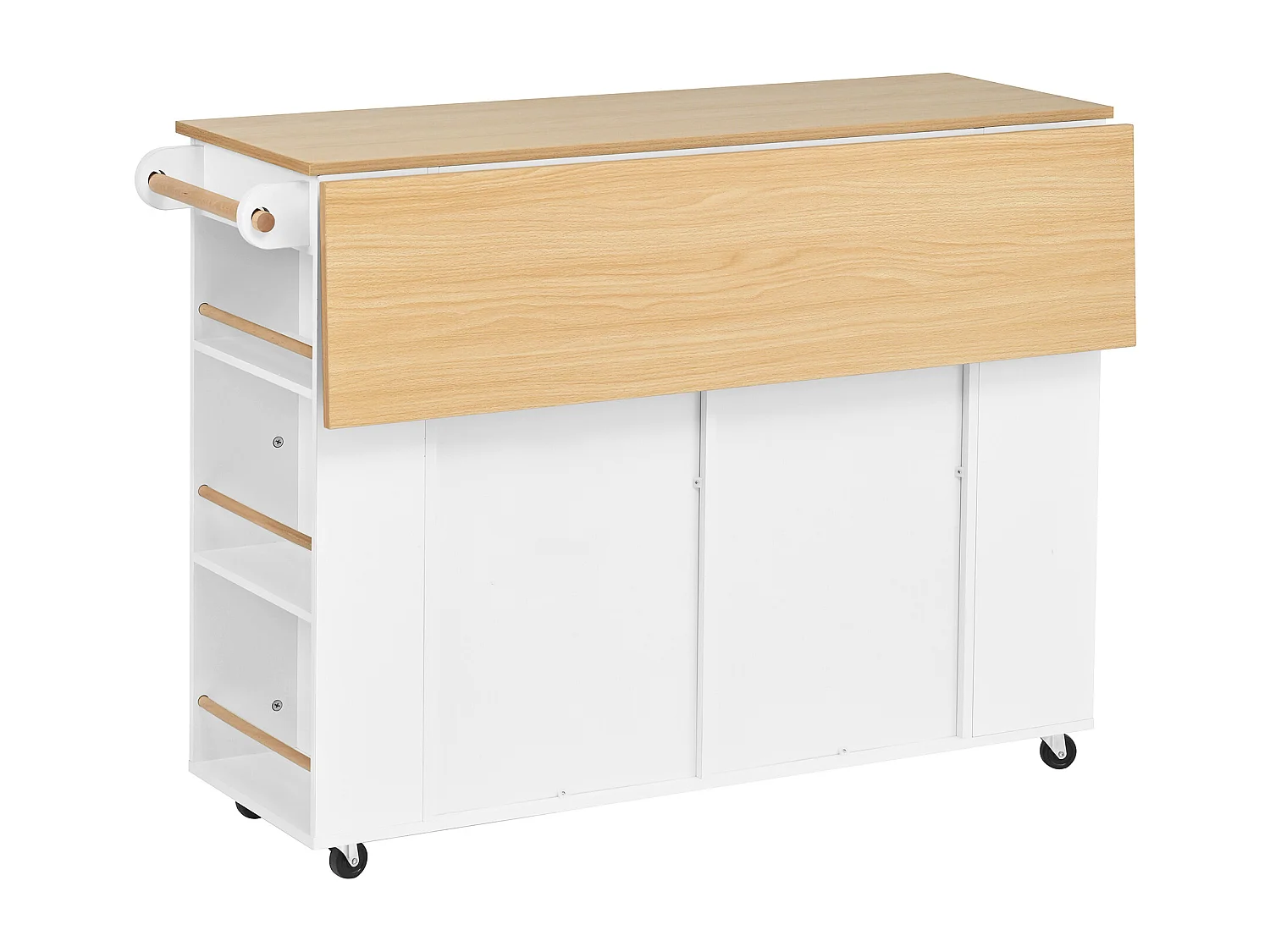 Mobile zentrale Kücheninsel 120x40x91,5cm - ausziehbares Tischblatt - mit Steckdose - multifunktionaler Stauraum - weiß