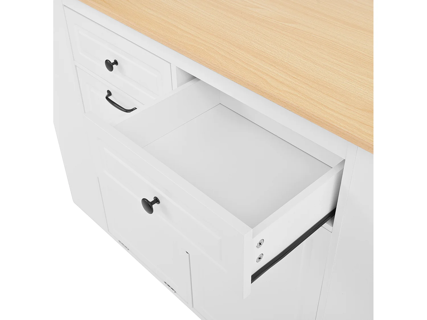 Mobile zentrale Kücheninsel 120x40x91,5cm - ausziehbares Tischblatt - mit Steckdose - multifunktionaler Stauraum - weiß