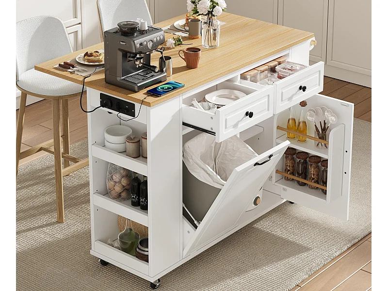 Ilot central de cuisine mobile 120x40x91,5cm - plateau extensible - avec prise de courant - espace de rangement multifonctionnel - blanc