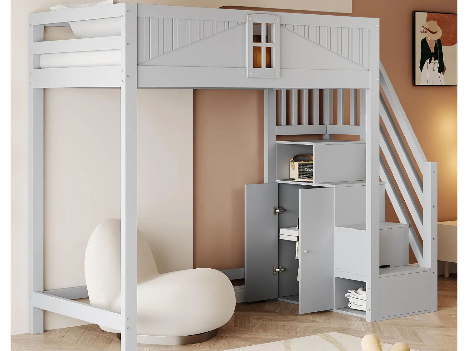 Lit mezzanine 90x200 cm - avec échelle de rangement sécurisée - avec barrière de sécurité - gris (matelas non inclus)