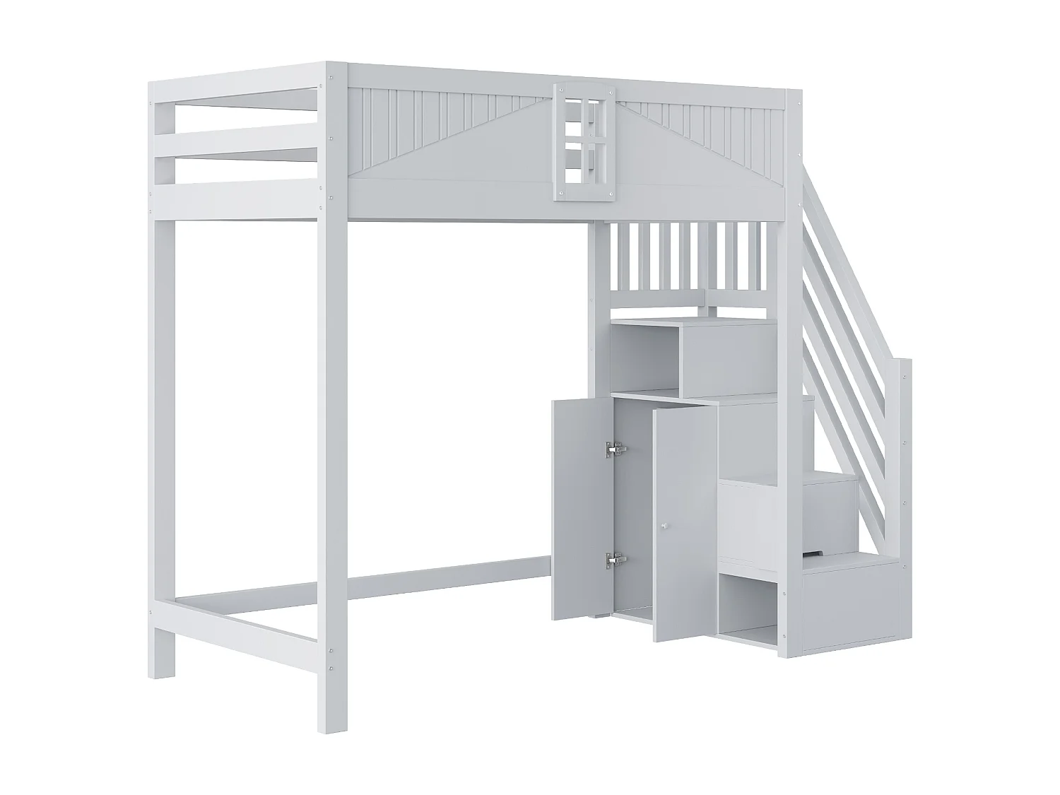 Lit mezzanine 90x200 cm - avec échelle de rangement sécurisée - avec barrière de sécurité - gris (matelas non inclus)