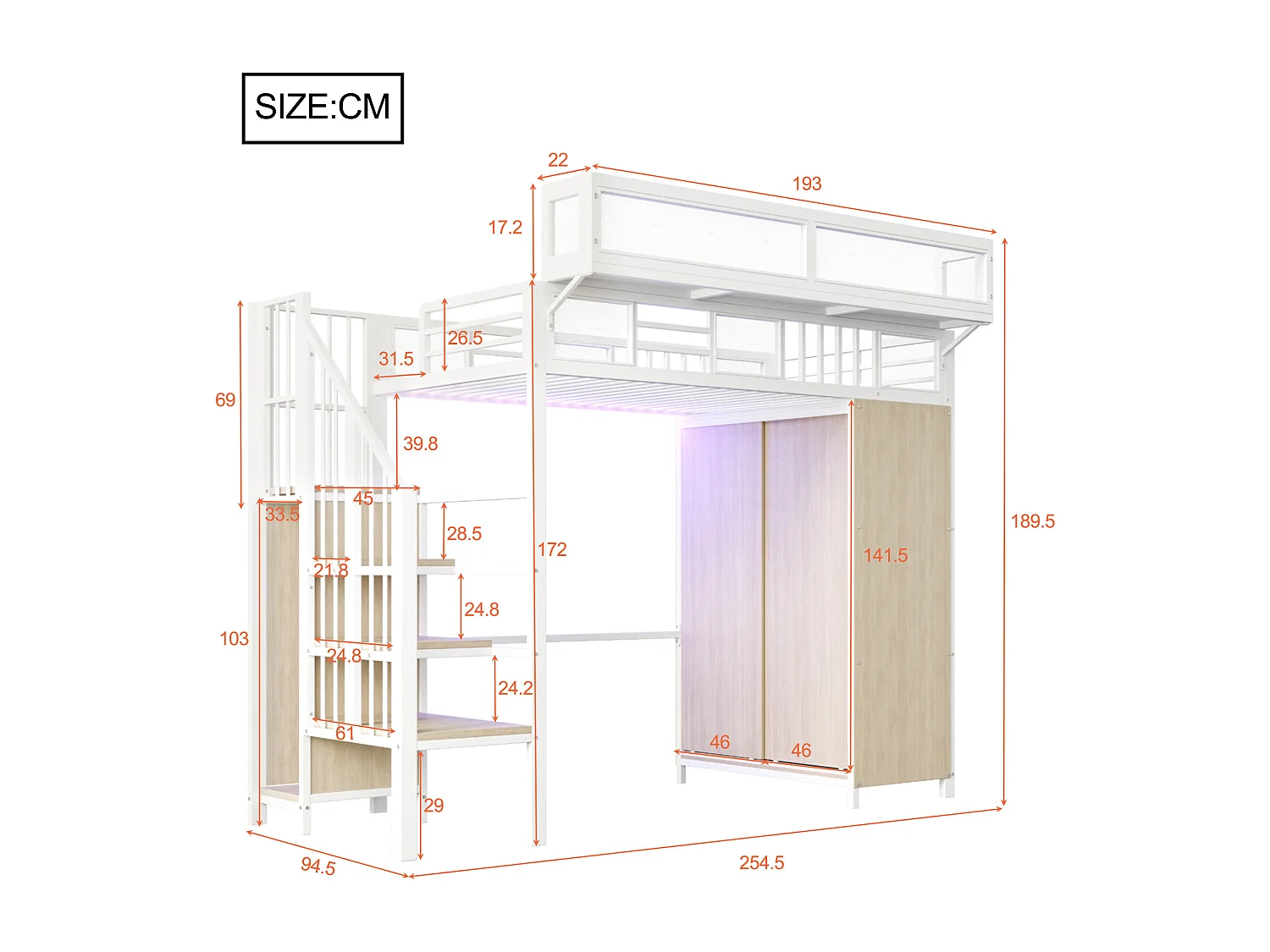 Letto soppalcato in metallo 90x200cm - con armadio - con scala di sicurezza - con illuminazione LED - bianco​ (Materasso no incluido)