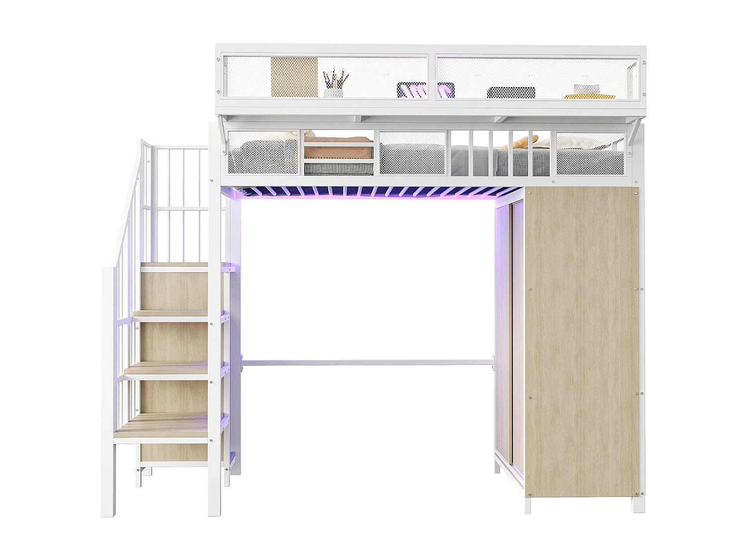 Letto soppalcato in metallo 90x200cm - con armadio - con scala di sicurezza - con illuminazione LED - bianco​ (Materasso no incluido)