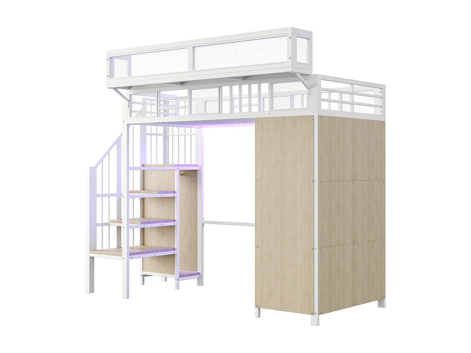 Letto soppalcato in metallo 90x200cm - con armadio - con scala di sicurezza - con illuminazione LED - bianco​ (Materasso no incluido)