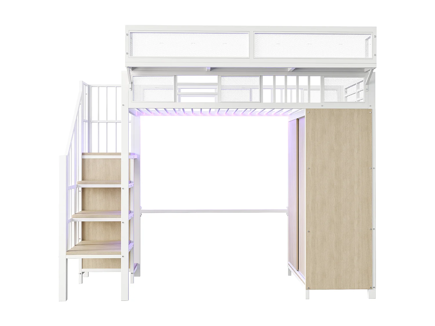 Letto soppalcato in metallo 90x200cm - con armadio - con scala di sicurezza - con illuminazione LED - bianco​ (Materasso no incluido)