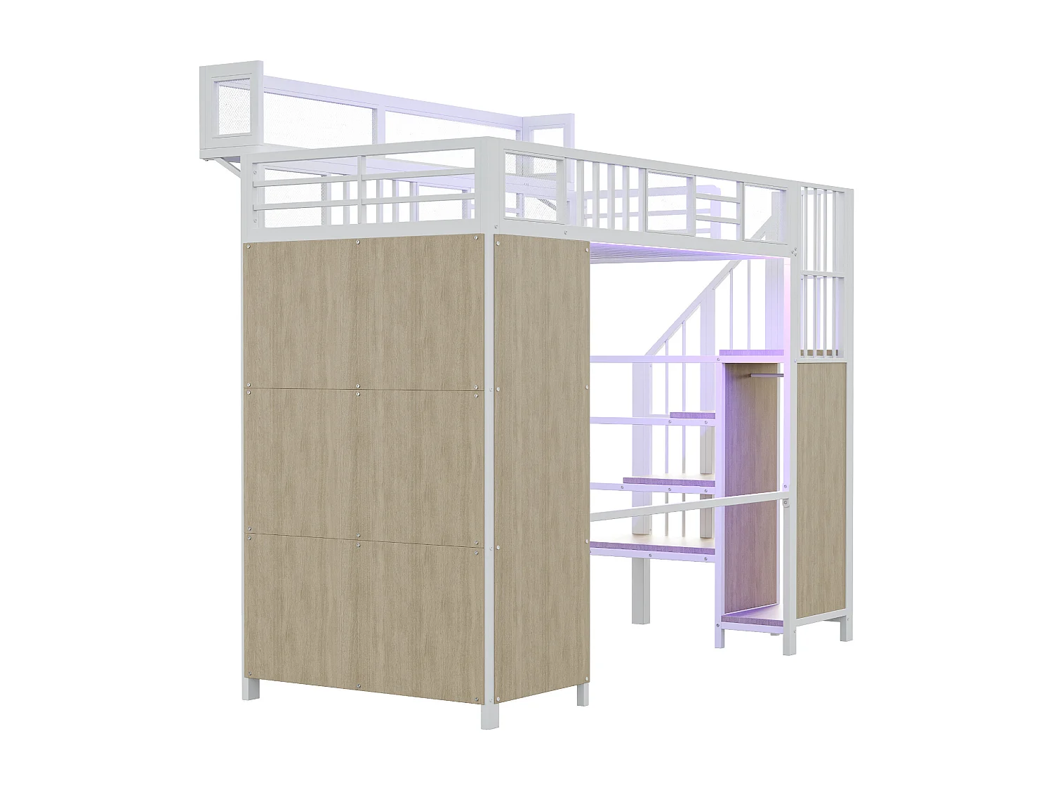 Letto soppalcato in metallo 90x200cm - con armadio - con scala di sicurezza - con illuminazione LED - bianco​ (Materasso no incluido)