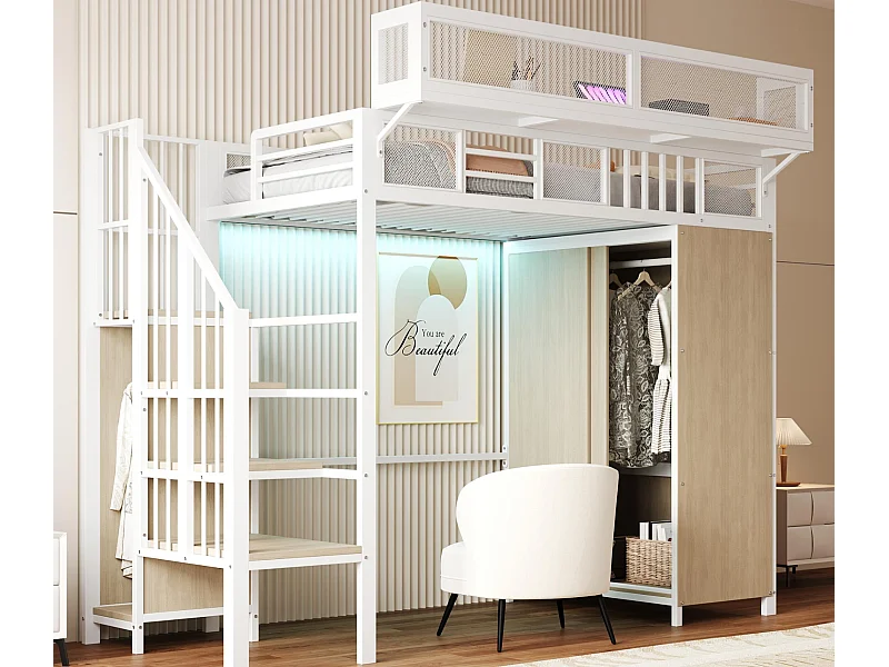 Metall-Hochbett 90x200cm - mit Schrank - mit Sicherheitsleiter - mit LED-Beleuchtung - weiß​ (Matratze nicht inbegriffen)